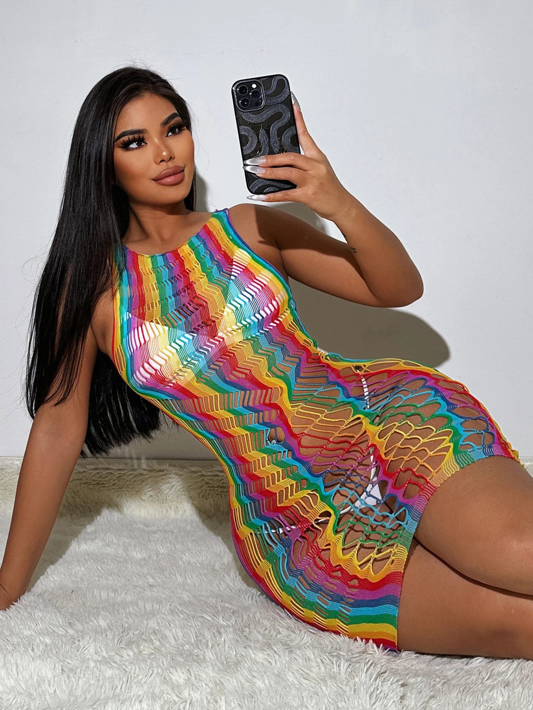 Rainbow Color Fishnet Neck Hanging Suspender Jumpsuit Sexy Hollow Out Transparent Nighty Women Mesh Perspective Lingerie