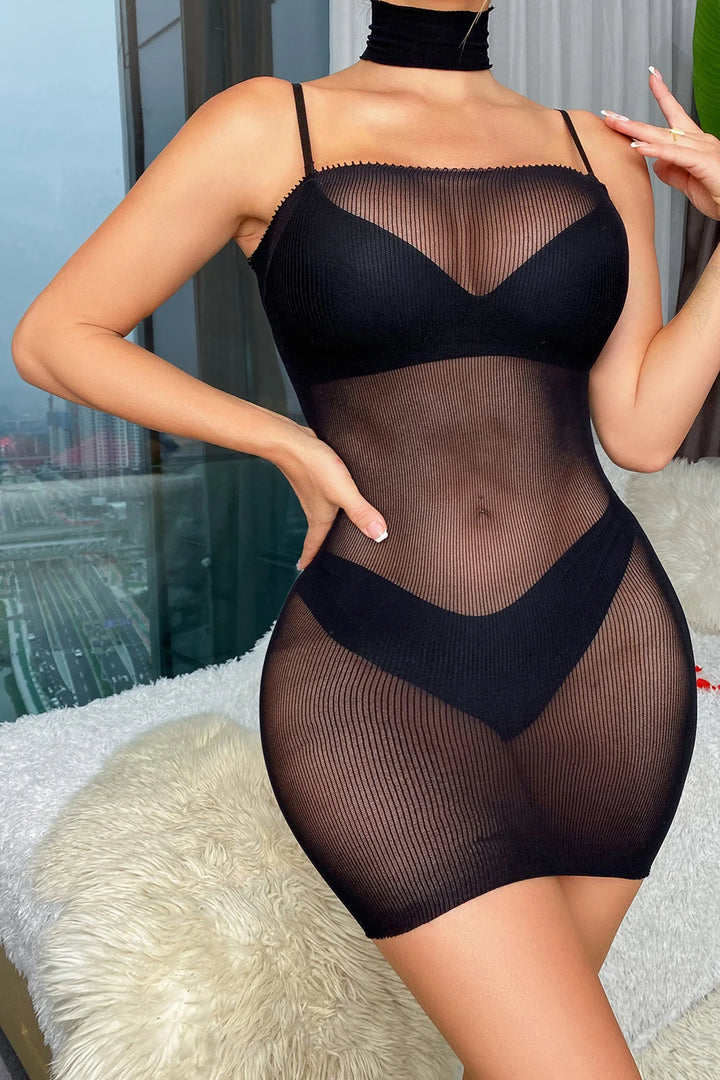 Valentine's Day Sexy Fishnet Lingerie Dress with Neckline Rhinestone Lingerie Femme Sexy Bodystocking Exotic Dancewear