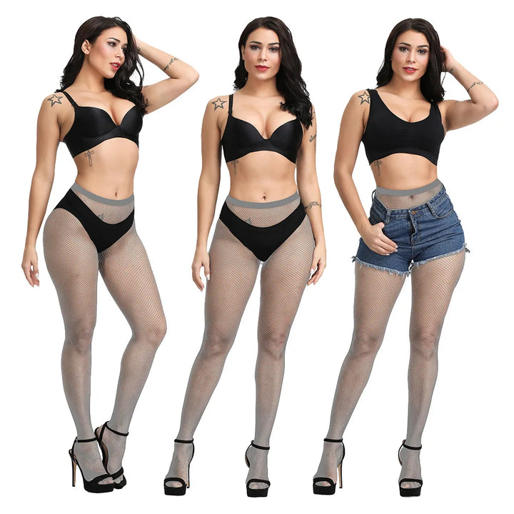 Hot Selling High Waist Fishnets Tights 2024 Femme Lingerie Sexy Crotchless Glitter Stockings Fashion Pantyhose White