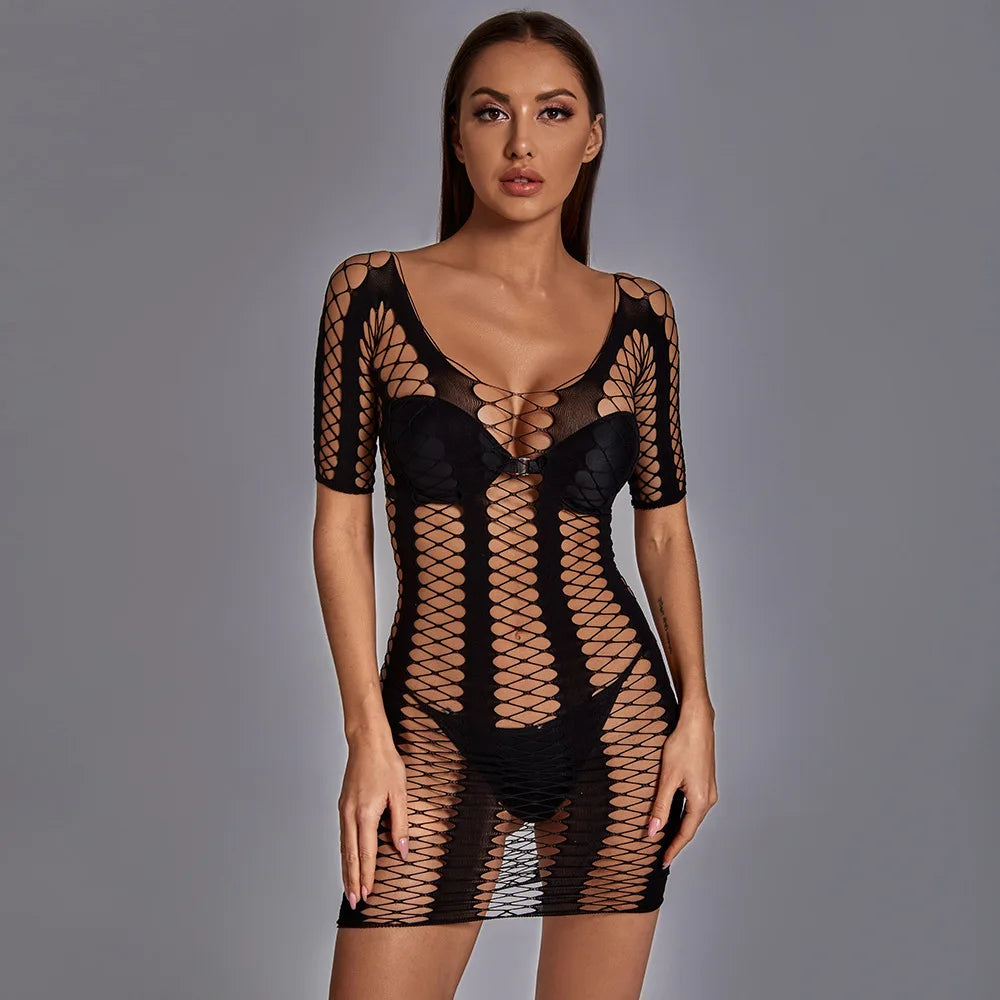 Sexy Temptation One-Piece Lingeries Fishnet Ultra-thin Jacquard Seamless Chemise Lingerie Mesh Bodystocking for Chubby Women