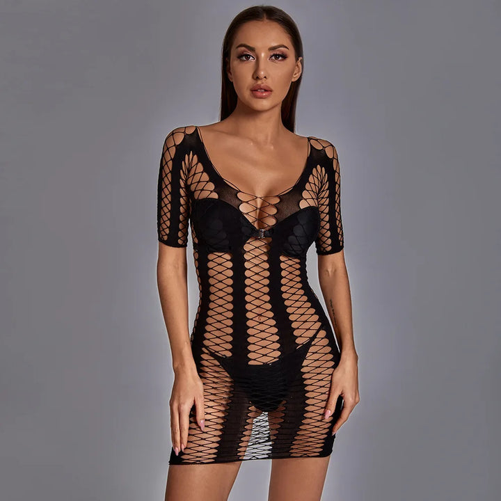 Sexy Temptation One-Piece Lingeries Fishnet Ultra-thin Jacquard Seamless Chemise Lingerie Mesh Bodystocking for Chubby Women