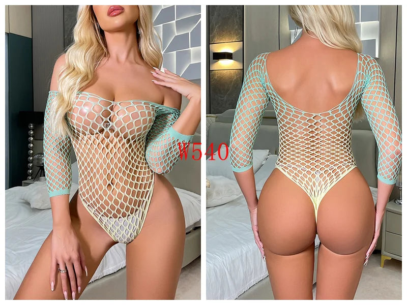 2025 New Colorful Gradient Two-Color Stretchy  Fishnet Body Stocking Plus Size Sexy Lingerie Bodycon Evening Dress