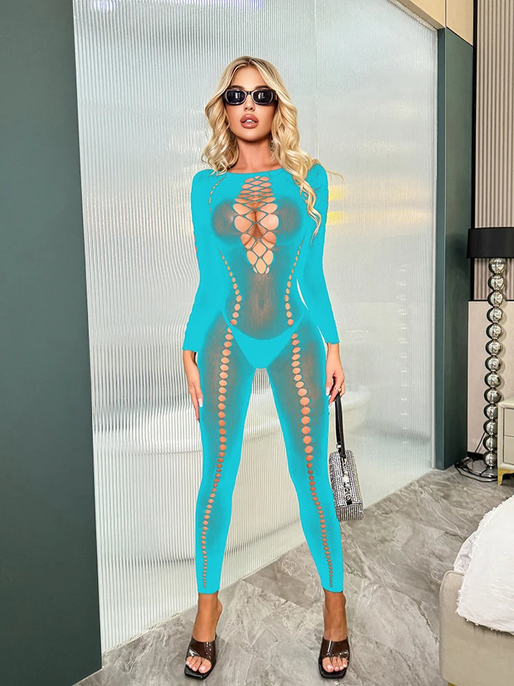 Sexy Mesh Jumpsuits Women Hipster Party Hollow Out Cleavage Full Sleeve Skinny Overalls Female Autumn Midnight Clubwear  K038