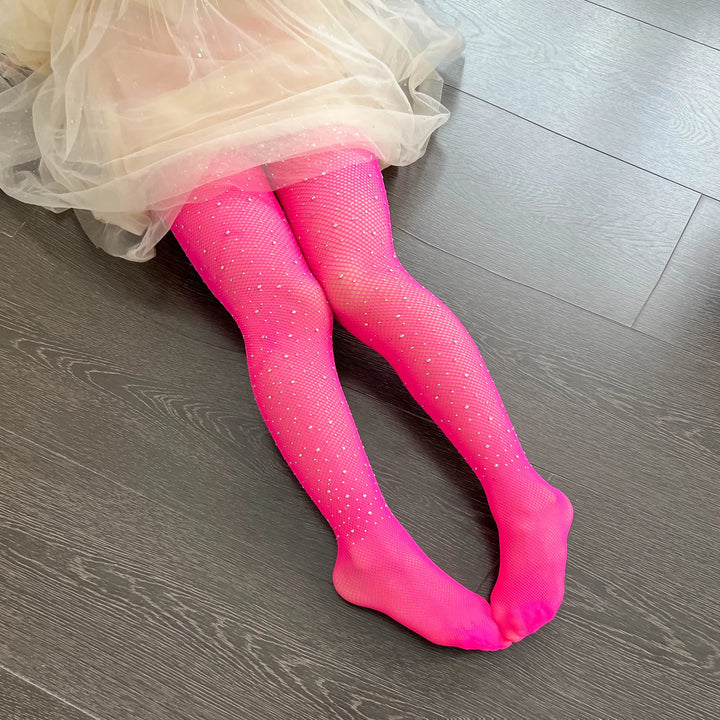 Small Weft Children's Rhinestone Fishnet Stockings White Diamond Shiny Litter Girls Pantyhose Tights Candy Color Socks