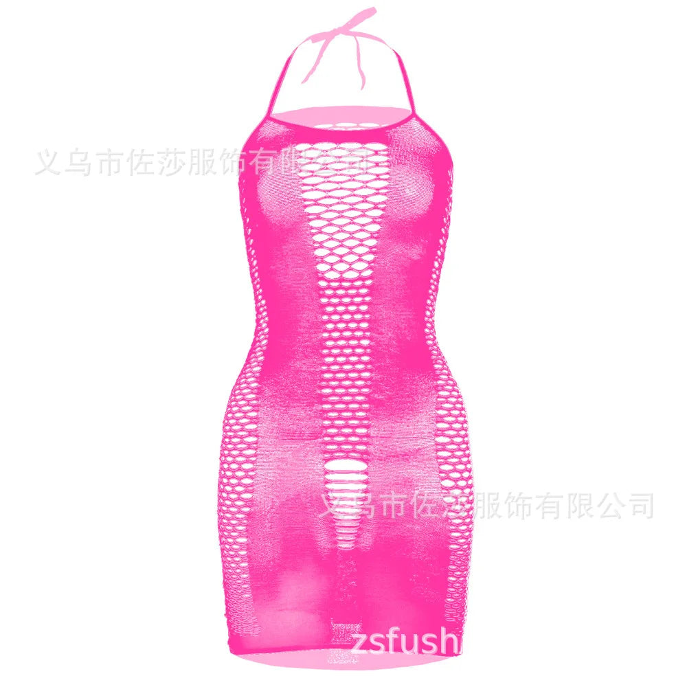 2024 New off Shoulder Red Hollow Out Strap Nylon Women Fishnet Dress Lingerie Bodystocking Plus Size for Women W319