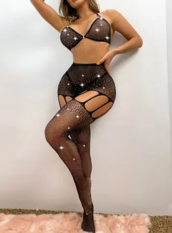 Gem Rhinestone Stockings Full Body Women Sexy Nylon Fishnets Bra Black Lace  Bodysuits Pantyhose Stockings Lingerie