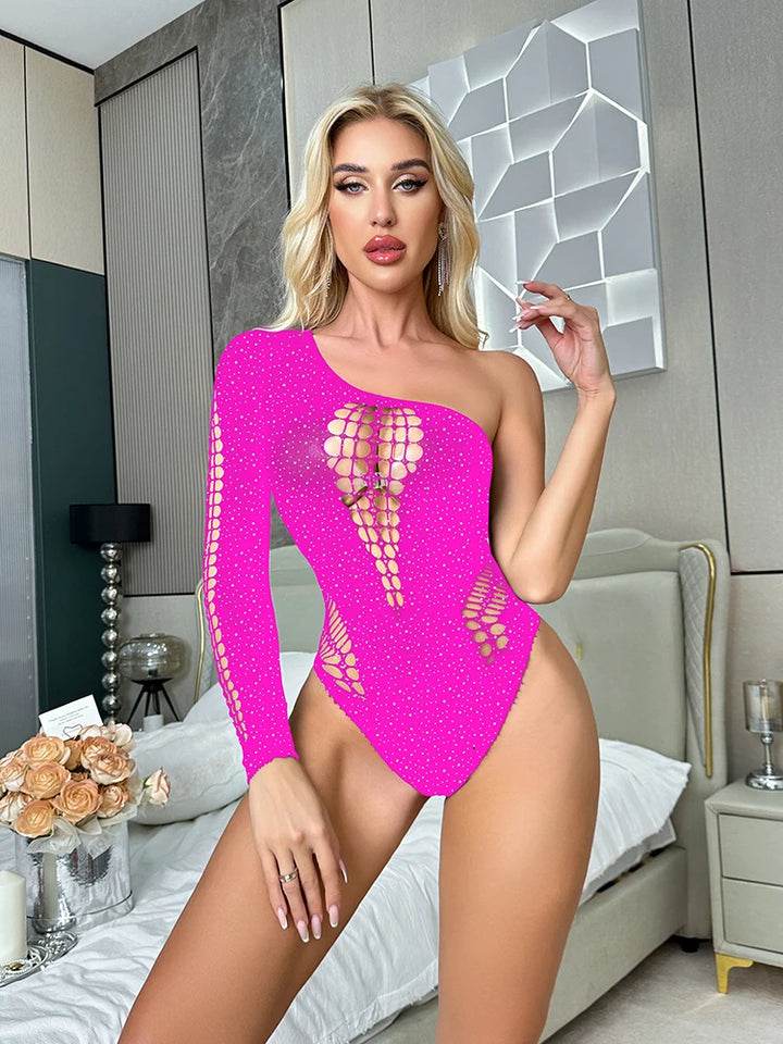 Rhinestone Fishnet Bodystocking With Sleeve Black Diamond 2PCS Bodysuit Women's Party Wear Dress Exotic Dancewear Tz629