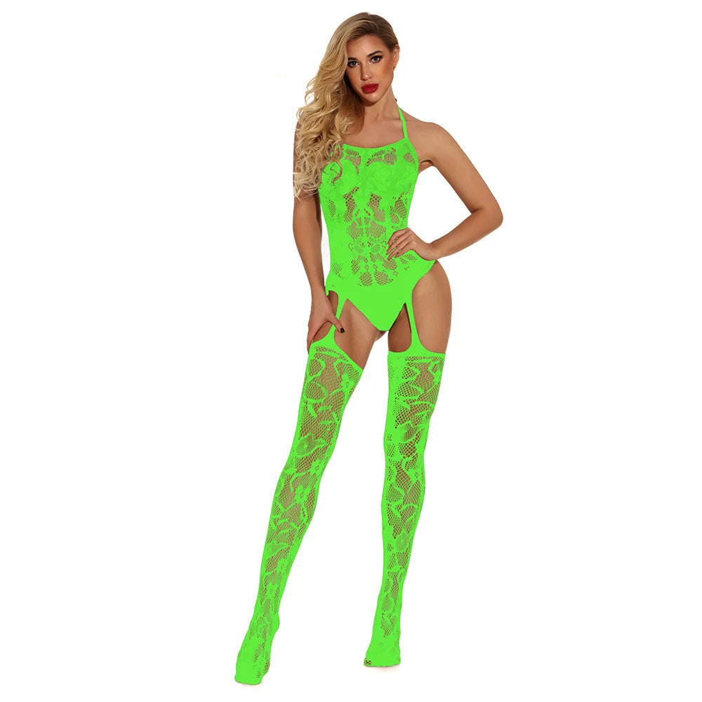 Skin Tone Women's Sexy Floral Suspender Body Stocking Lingerie Sexy Crotchless Silk Transparent Bodystocking Lingerie