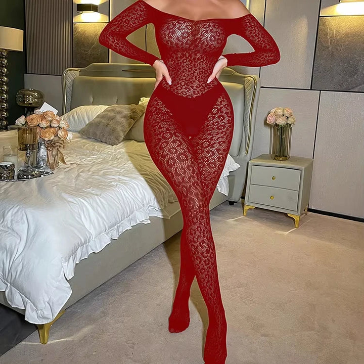 NEW Leopard Single Sleeve Bodystocking Women Doll Mesh Erotic Lingerie Stockings Full Body Enceria Sexy Long Sleeve Bodysuit