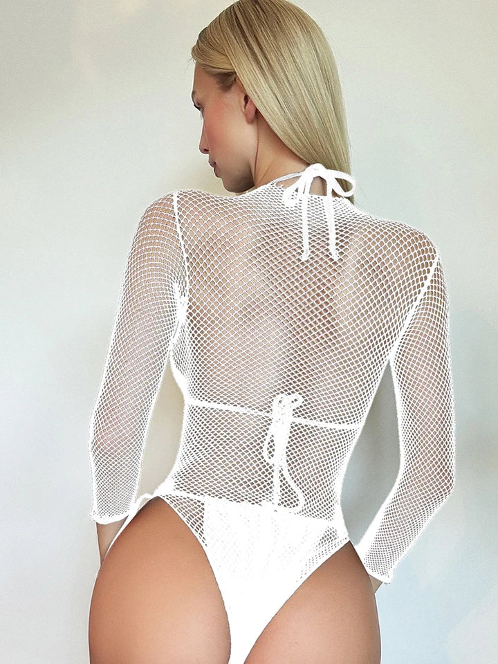 Small Weft Fishnet Jumpsuit Strippers Outfit Women Sexy Body Stocking Lingerie Dress Bikini Mesh Costumes Outfit Tops