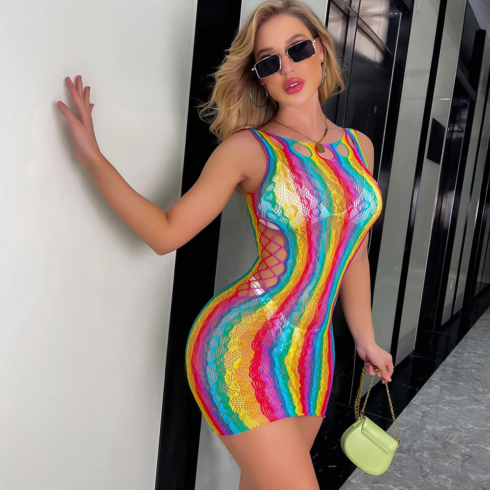 Women Erotic Lingerie Hollow Out Fishnet Lingerie Mesh Babydoll Christmas Color Stripper Outfits Body Dress Outfit