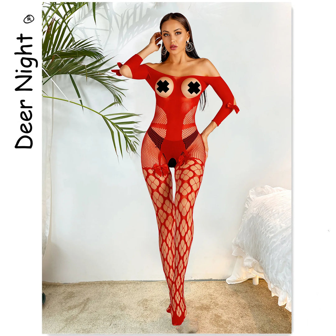 Night Dresses Bows Lingerie Sexy Fishnet Babydoll Full Body Stocking for Women Hollow Out Sexy Bodystocking