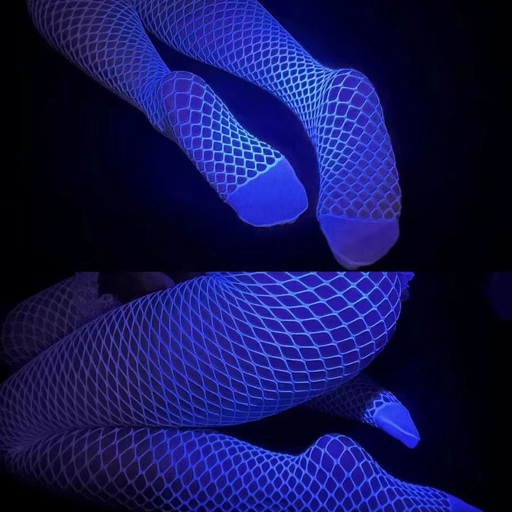 Sexy Nightwear Dress Glow in the Dark Fishnet Stockings Hollow Luminous Glowing High Waist White Fishnet Glowing Party