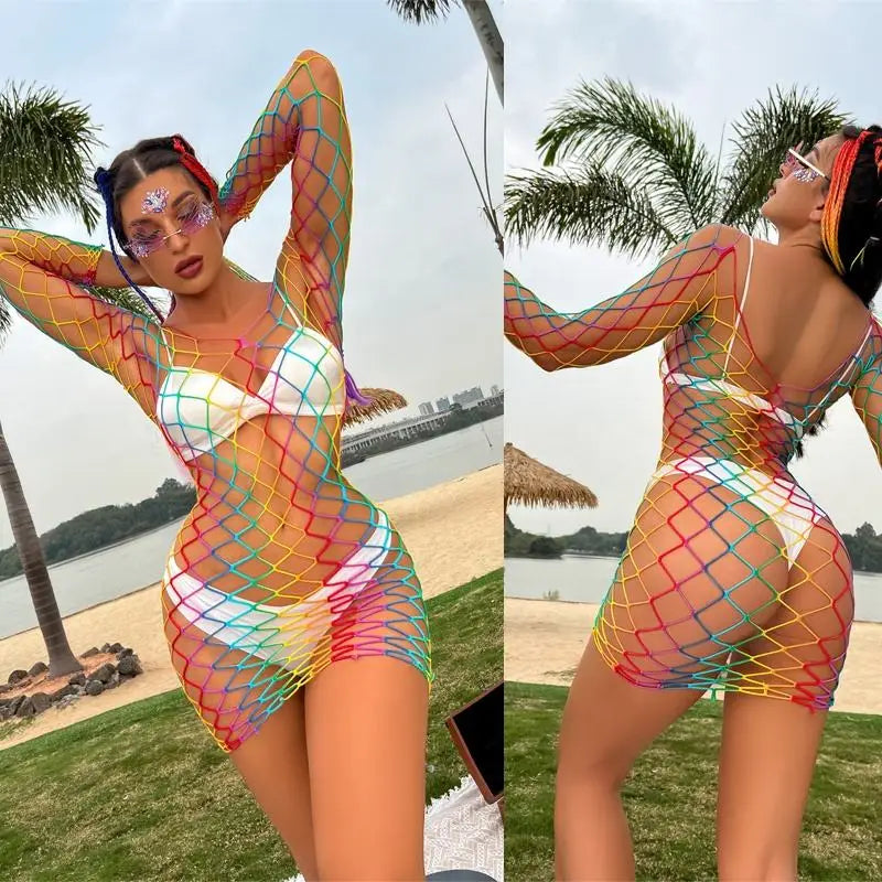 Lingerie Manufacturer  Rainbow Fishnet Women's Underwear Wholesale Bodysuits Exotic Costumes Bodystocking Transparent