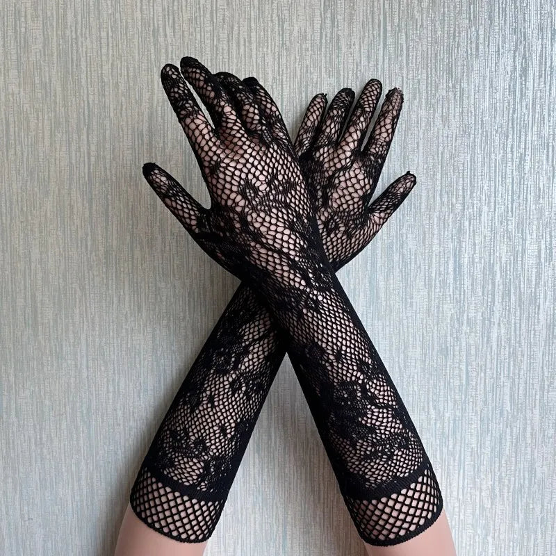Floral Long Fishnet Mesh Glove Arm Sleeve Theme Party Costume for Women Wedding Bridal Glove Sexy Gantlet Mitten