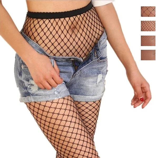 Women's Sexy Black Mesh Pantyhose Middle Mesh Fishnet Punk Dress Sexy Lingerie Nylon Hollow Out Pantyhose