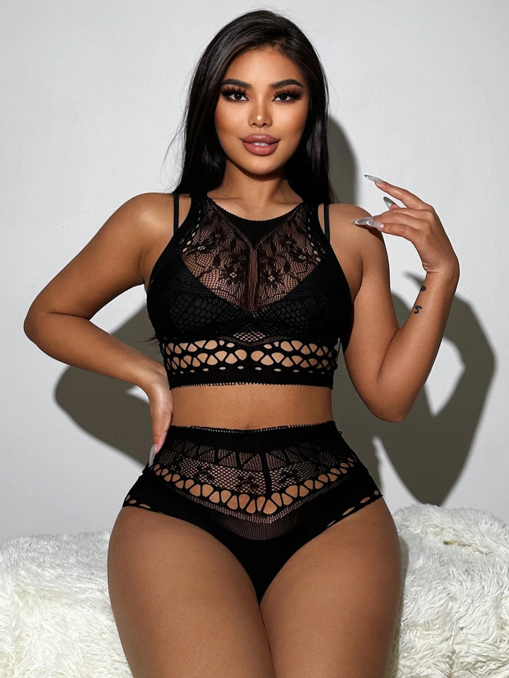 Hot Retro Women's Clothing Black Lace Panties Sexy Seamless Lingerie Erotic Dancewear Nylon Fishnet Lingerie Dress 2pc
