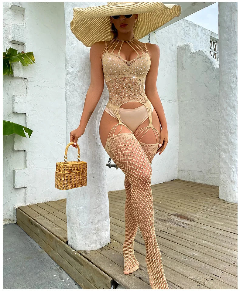 Rhinestone Stockings Sexy Lingerie Femme Sexy Crotchless Lace Cutout Transparent Bodystocking Garters Belt Stockings