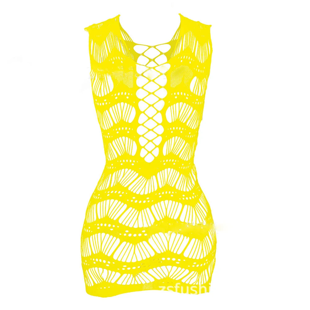 Designer Women Sexy Flexible Fishnet Lingerie V-Neck Rhinestone Babydoll Mesh Chemise Halter Nightwear Mini Dress