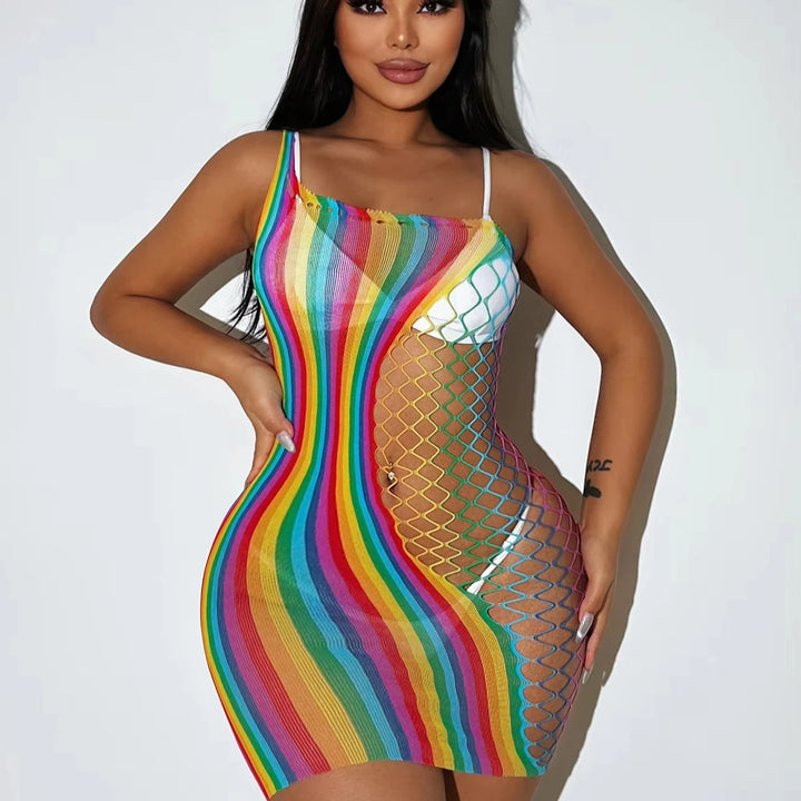 Rainbow Color Fishnet Neck Hanging Suspender Jumpsuit Sexy Hollow Out Transparent Nighty Women Mesh Perspective Lingerie