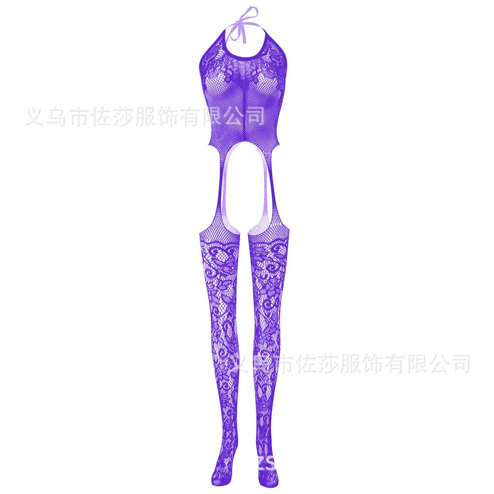 One Size Fits Black Floral Pattern Fishnet Bodystocking Attached Stockings Sexy Lingerie Crotchless Mesh Suspender Tights