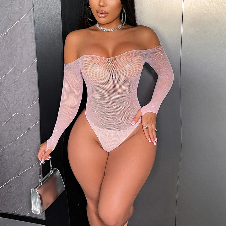 New Candy Color Girls Bodystocking Shiny Rhinestone Babydoll Mature See Through Lingerie Femme Sexy Performance Outfit