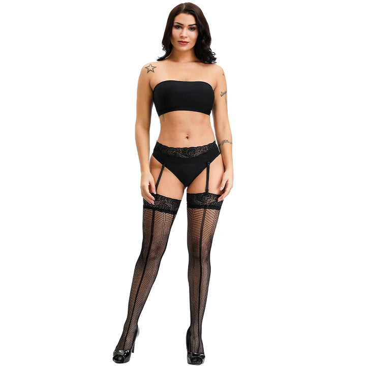 Woman Lingeries Sexy Fishnet Sheer Lace Thigh-High Stockings Lace Top Suspender Pantyhose Hosiery Stocking With Garter Belt