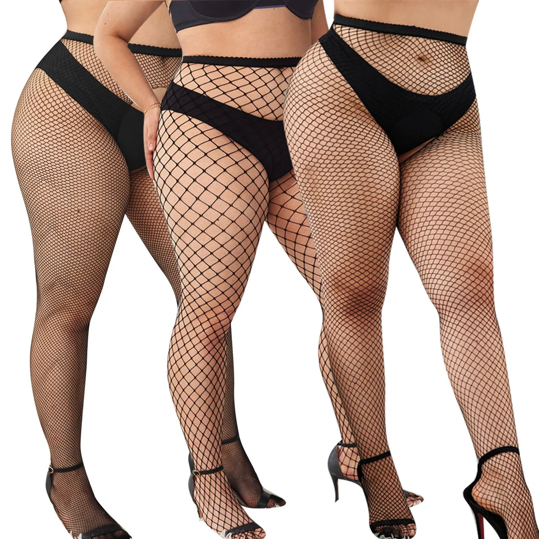 Plus Sizes Women High Waist Fishnet Stockings Tights Sexy Crotchless Mesh Pantyhose for Dance Costumes Party Socks