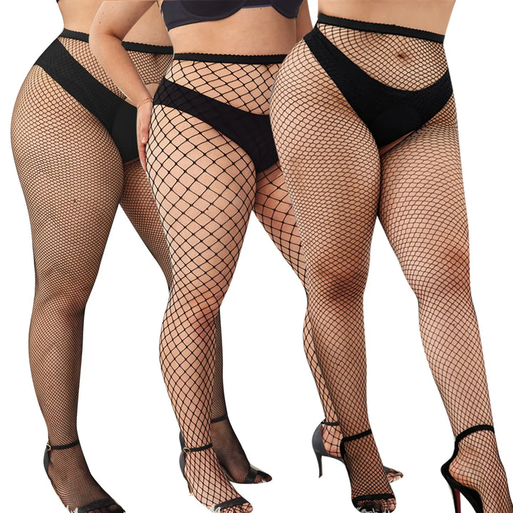 Plus Sizes Women High Waist Fishnet Stockings Tights Sexy Crotchless Mesh Pantyhose for Dance Costumes Party Socks