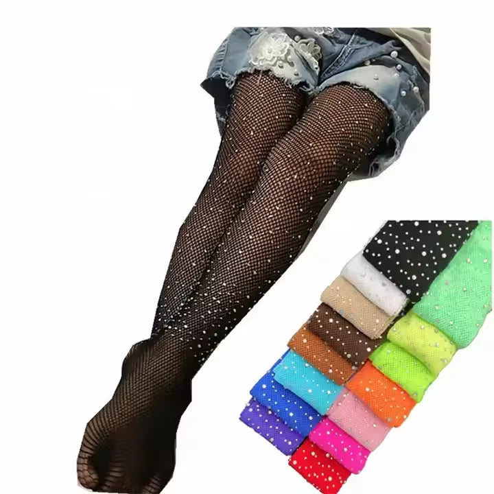 Small Weft Children's Rhinestone Fishnet Stockings White Diamond Shiny Litter Girls Pantyhose Tights Candy Color Socks
