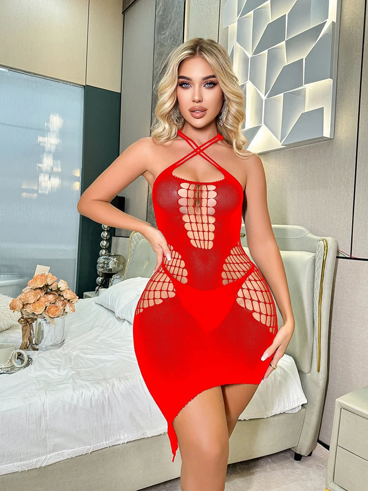 Hollow Out Nylon Fishnet Jumpsuit Mesh Hosiery Stocking Full Body Lingerie Dress Sheer Mature Women's Sexy Lingerie