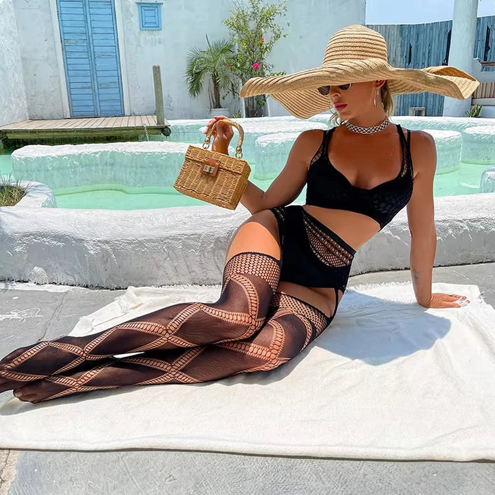 Women Sexy Crotchless Lingerie Nylon Fishnet Hosiery Stockings 2pcs Body Stocking Lingerie Mesh Sheer Bodysuit Tights