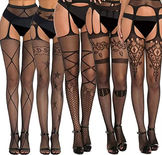 2023 Suspender Pantyhose Attached Stockings Fishnet Lace Thigh High Garter Belt Stockings Women's Exotic Lingerie Woman