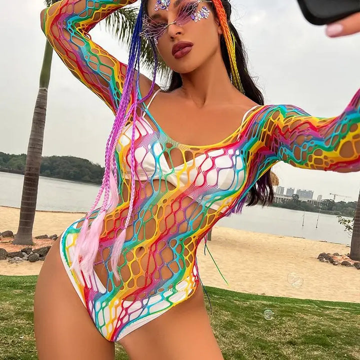 Lingerie Manufacturer  Rainbow Fishnet Women's Underwear Wholesale Bodysuits Exotic Costumes Bodystocking Transparent