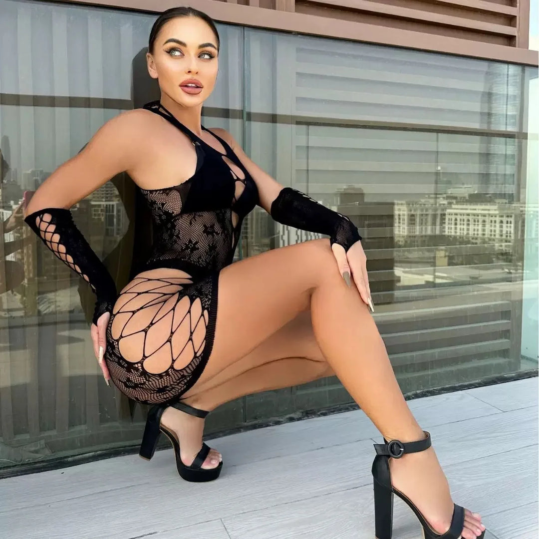 2025 Sexy Lingerie Bodysuits with Sleeves Hollow Out Dancewear Bodystocking Nightclub Dresses Women Sexy Club Skirt Outfit