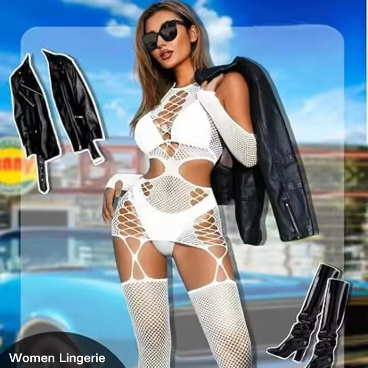 Women Sexy Revealing Lace Fishnet Bodystocking Lingerie Crotchless Fishnets Pantyhose Adult Sexy Underwear with Cuff