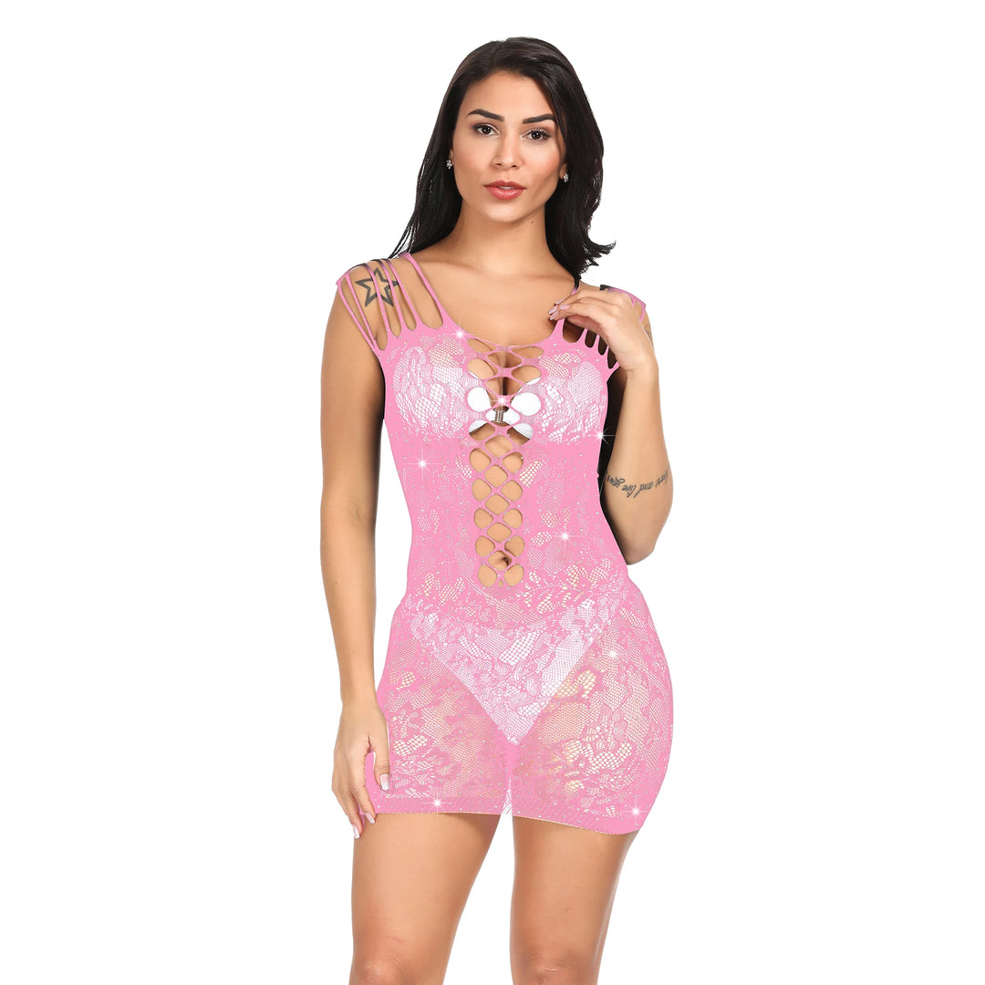 Hot Rhinestone Lingerie Dress Womens Shiny Party Costumes Lenceria Para Mujer Sexy Straps Fishnet Body Stocking Dress