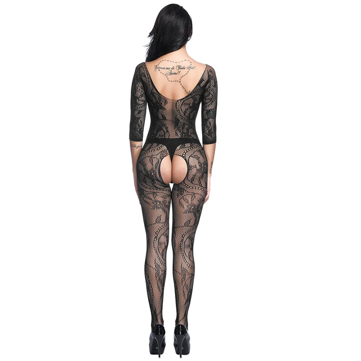 Vintage Full Body Erotic Lingerie Dancewear Femme Sexy Crotchless Bodysuit Black Lace Cutout Transparent Bodystocking