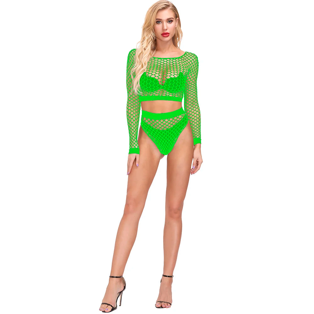 Wholesale Nylon Fishnet Body Dolls Adult Sexy Lingerie for Women Exotic Underwear Hollow Out Body Stocking 2pcs Set