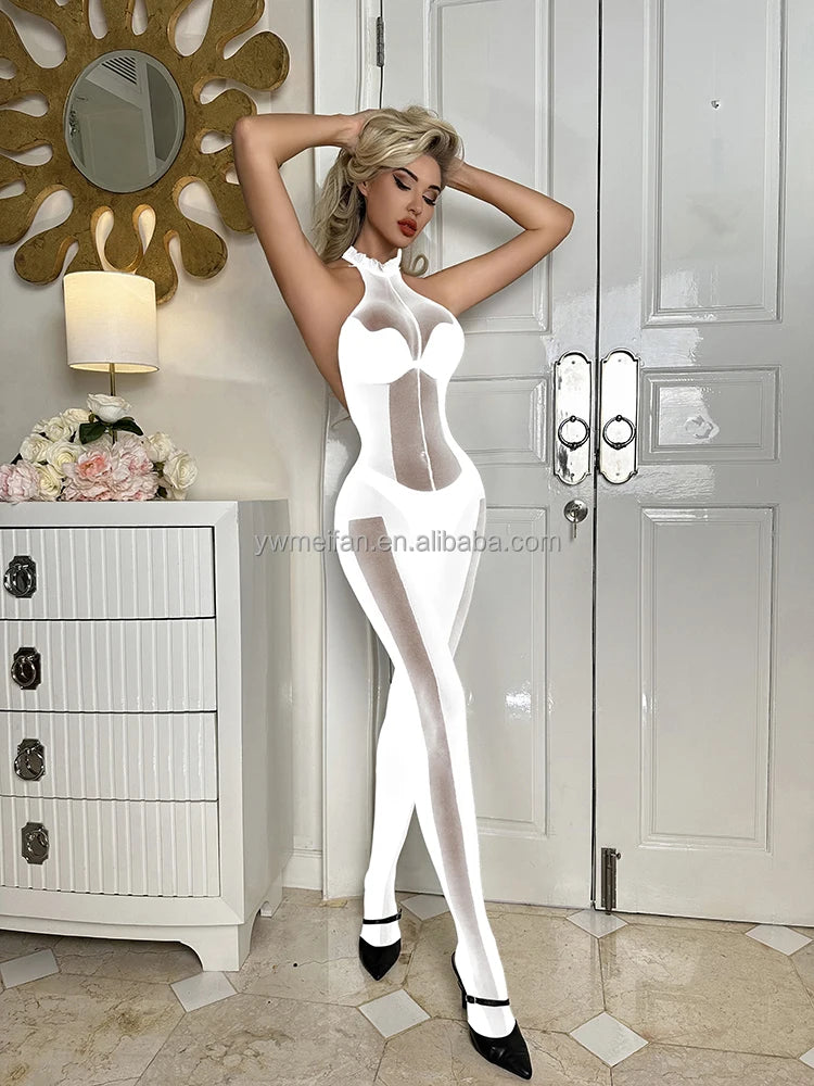 Crotchless Body Stocking Pantyhose Women's Sexy Lingerie Sexy Black Lace  Bodystocking Silky Sheer Erotic Bodysuit