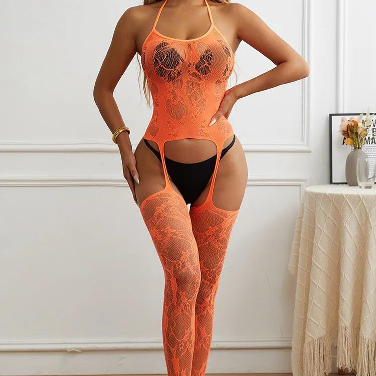 Designed Body Stockings Perspective Halterneck Fishnets Lingerie Body Suit Crotchless Bodysuit Garter Stocking Rave Outfits