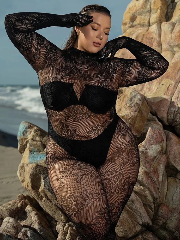 NEW Sexy Jacquard Retro Fishnets Stocking Full Body 2024 Valentine's Day Plus Size Lingerie Women Mesh Bodysuits