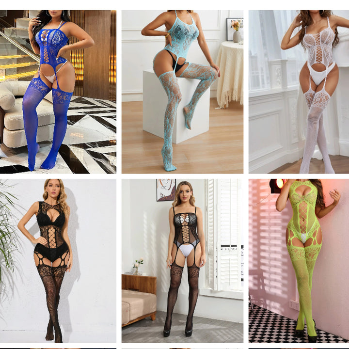 Wholesale Full Body Lace See Through Bodystocking Lingerie Femme Sexy Garters Belt Stockings Mature Girls Mesh Romper
