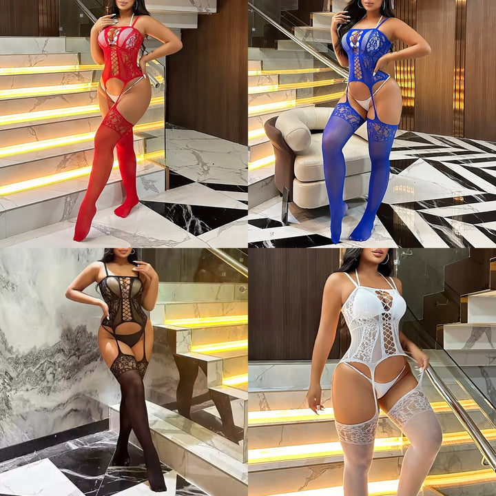 Sexy Fashion Lingerie Semi-Sheer Halter Garter Dress With Thigh High Stockings Nightwear Bodysuit Women's Clothing