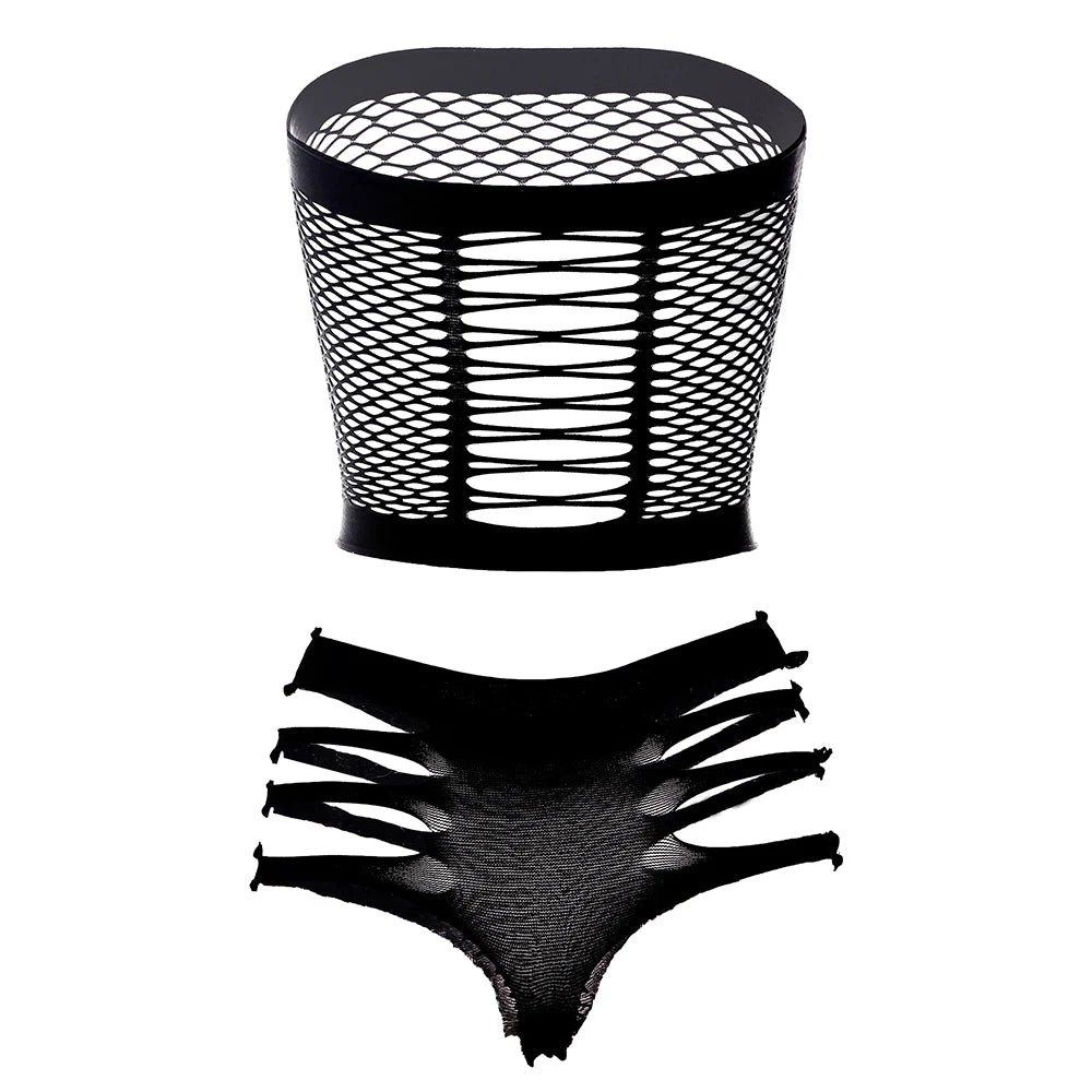 Two Piece Lingerie Underwear Bodysuit Set Women Clothing Sexy Fishnet Bodystocking Exotic Dancewear