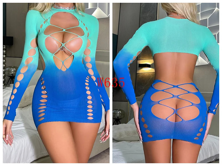 2025 New Colorful Gradient Two-Color Stretchy  Fishnet Body Stocking Plus Size Sexy Lingerie Bodycon Evening Dress