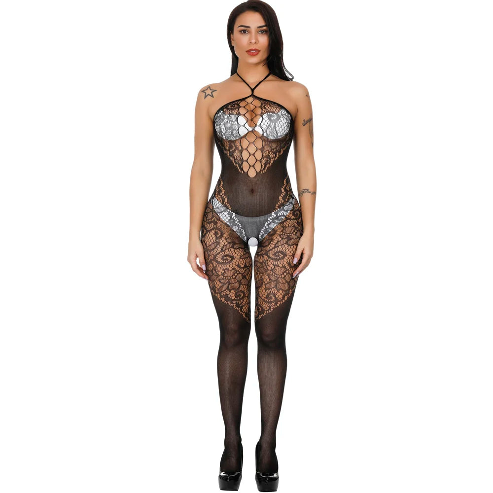 New Arrivals Open Crotch Lingerie Erotic Halter Lace Plus Size Sexy Bodystocking Playsuit Nightclub Fishnet Jumpsuit
