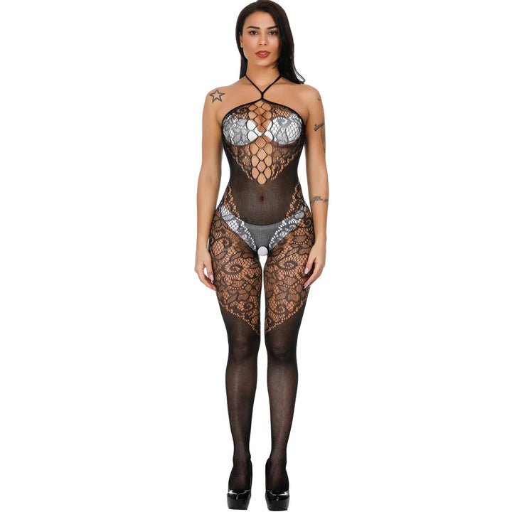 New Arrivals Open Crotch Lingerie Erotic Halter Lace Plus Size Sexy Bodystocking Playsuit Nightclub Fishnet Jumpsuit