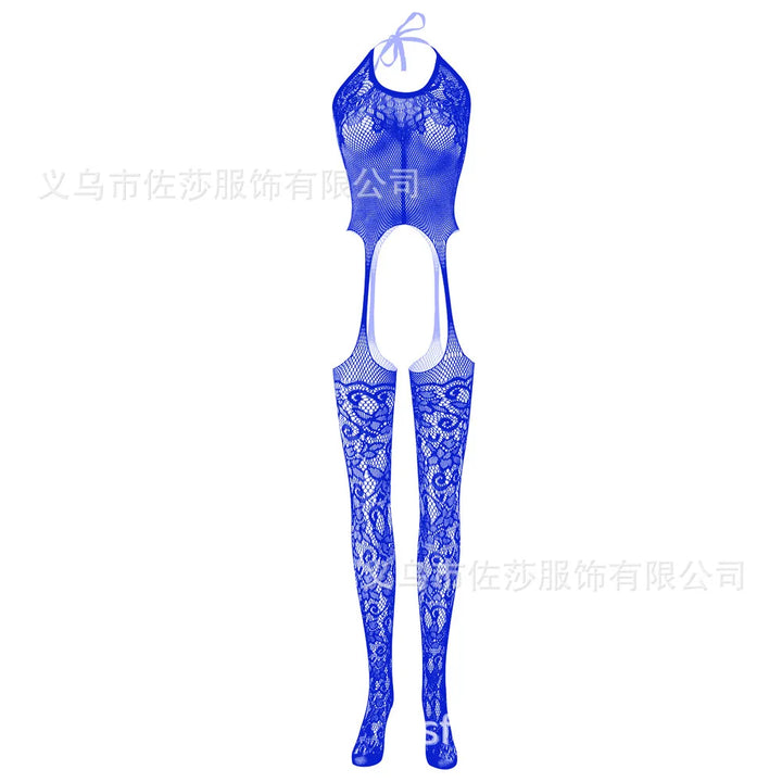 One Size Fits Black Floral Pattern Fishnet Bodystocking Attached Stockings Sexy Lingerie Crotchless Mesh Suspender Tights
