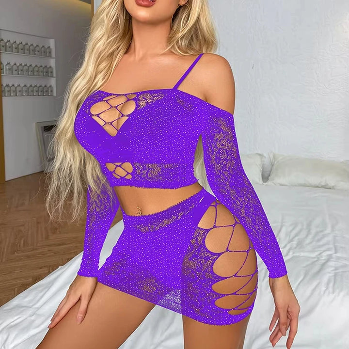 2025 Shine Gemstone Sparkle Lingerie 2 Piece Set Women Underwear Body Stockings Lenceria Sexy Femme Hollow Out Fishnets